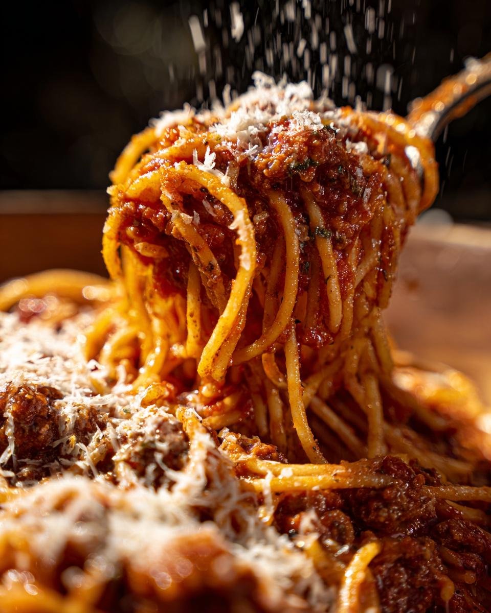A fork twirls a generous portion of My Grandma's Weeknight Spaghetti, topped with rich meat sauce and grated Parmesan cheese.