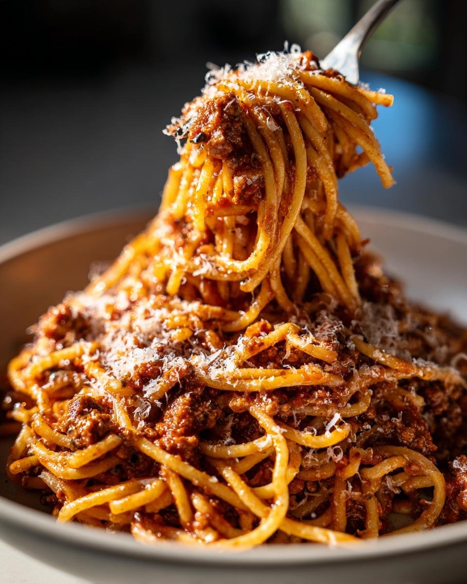 A fork lifting a generous portion of My Grandmas Weeknight Spaghetti coated in rich meat sauce and topped with grated Parmesan.