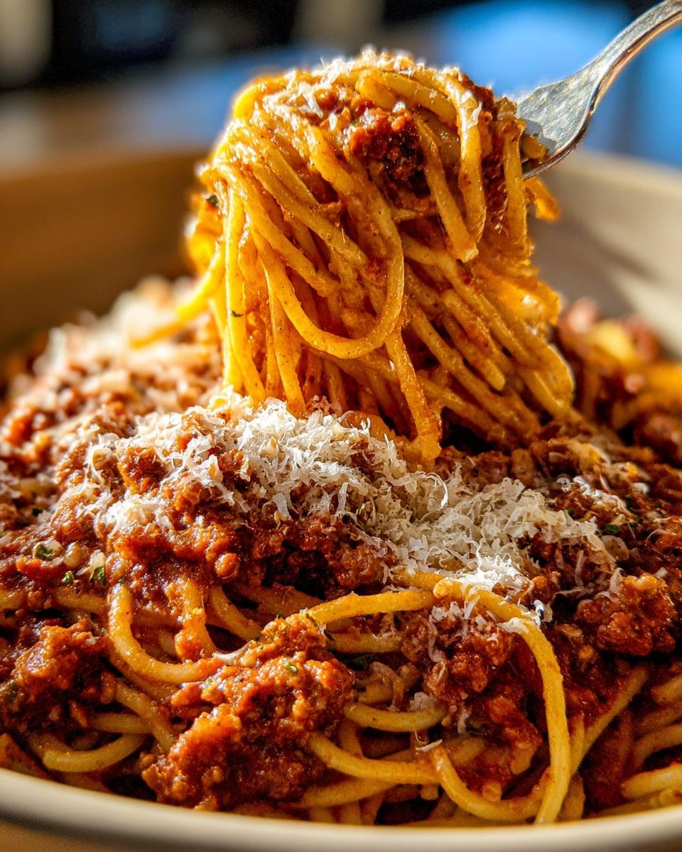 A fork twirls a generous portion of My Grandmas Weeknight Spaghetti topped with rich meat sauce and grated Parmesan cheese.