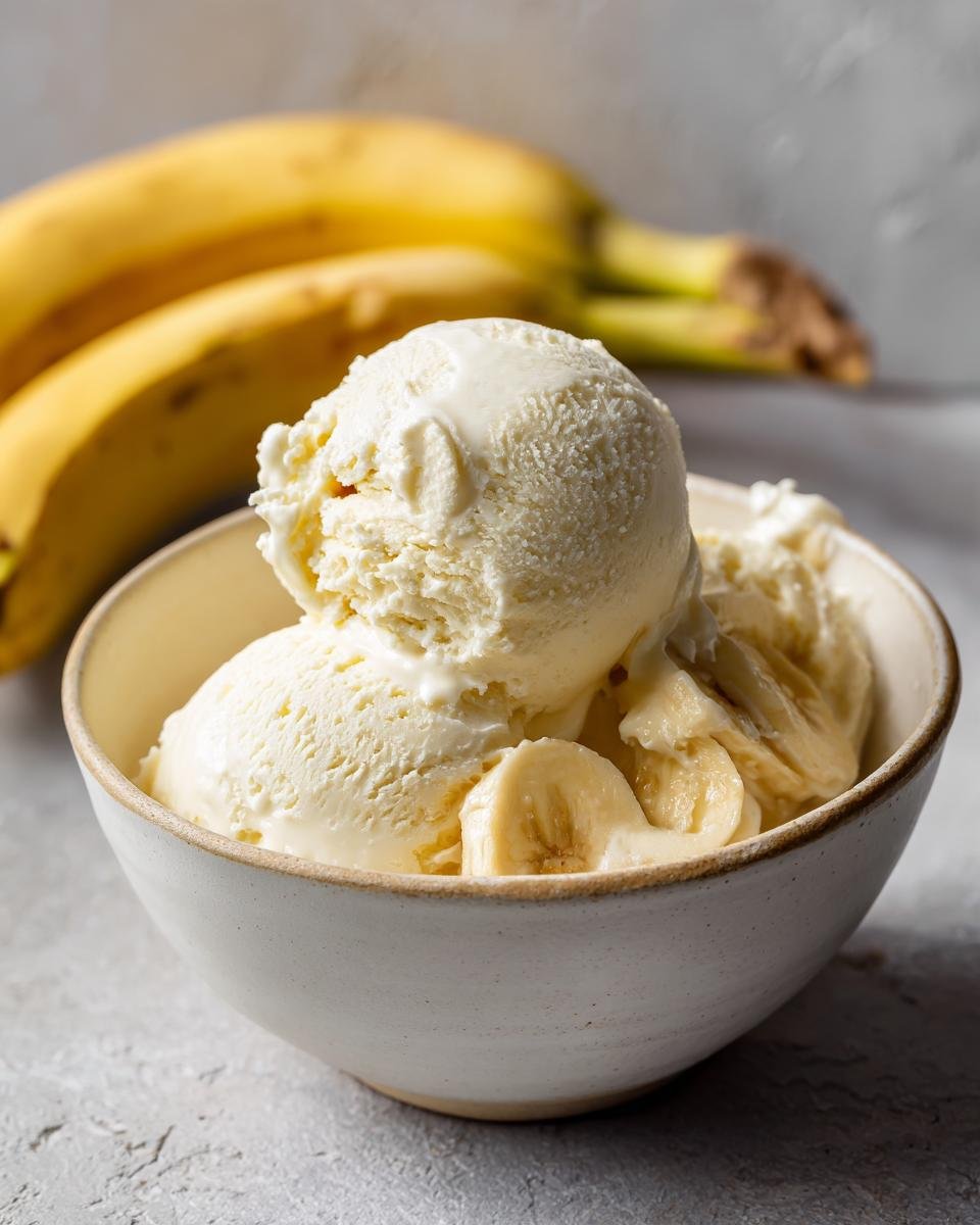 A bowl filled with scoops of creamy no churn banana ice cream and sliced bananas.