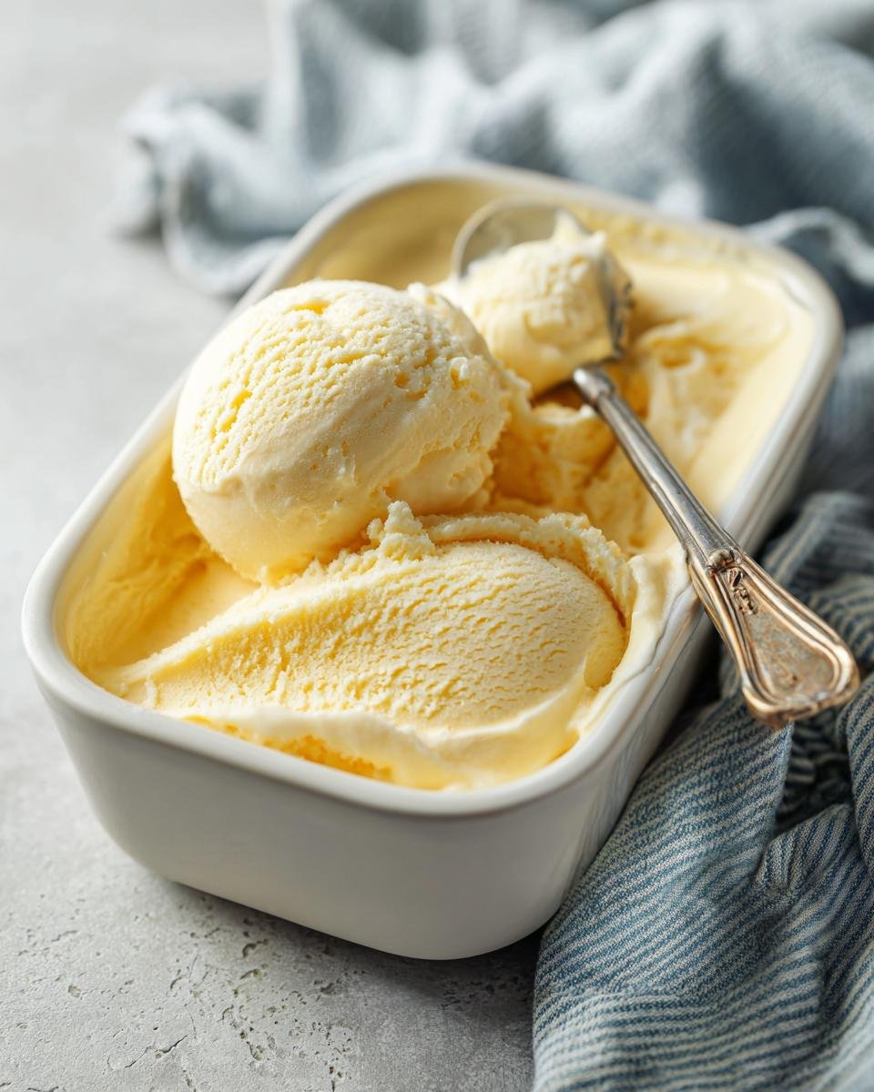 Scoops of creamy no churn banana ice cream in a white dish with a silver spoon.