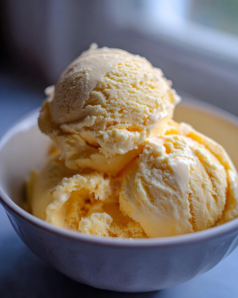 Close-up of creamy scoops of no churn banana ice cream in a white bowl.