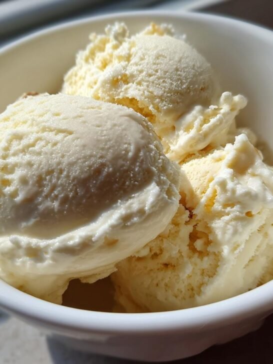A white bowl filled with creamy scoops of no churn banana ice cream.