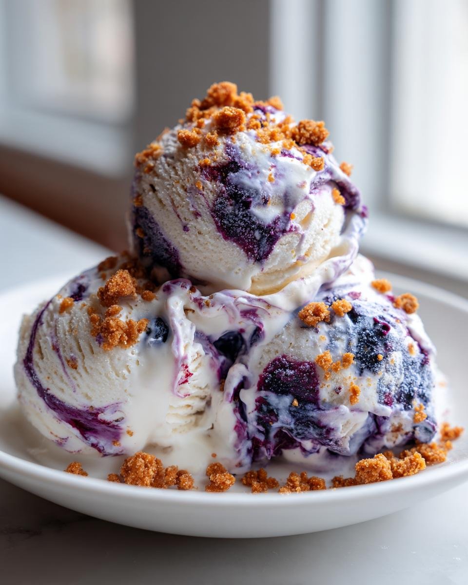 Two scoops of No Churn Blueberry Protein Ice Cream swirled with blueberry sauce and topped with gingersnap crumbs.