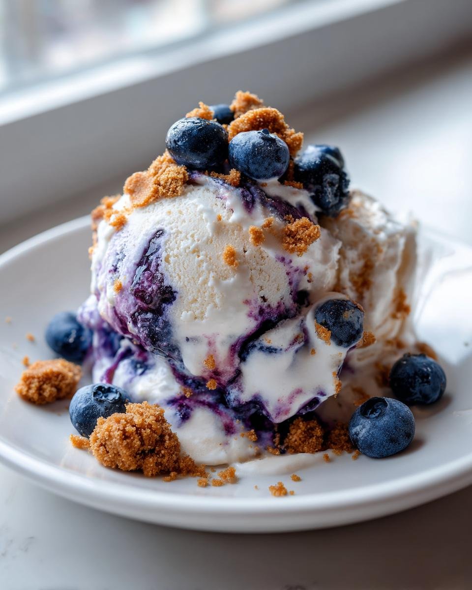 Scoop of No Churn Blueberry Protein Ice Cream swirled with blueberry compote and topped with fresh blueberries and gingersnap crumbs.