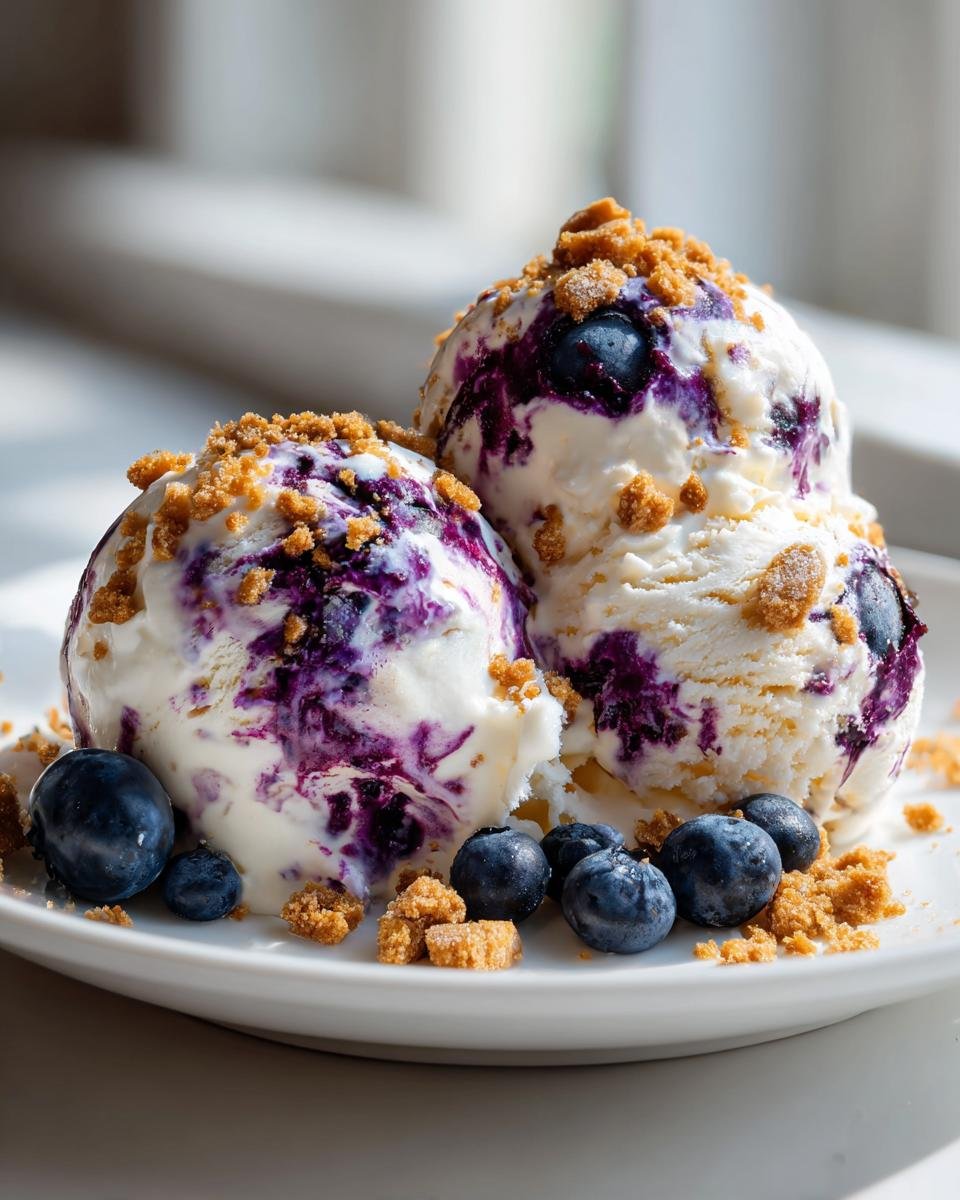 A scoop of No Churn Blueberry Protein Ice Cream With Gingersnap, swirled with purple blueberry and topped with crumbs.