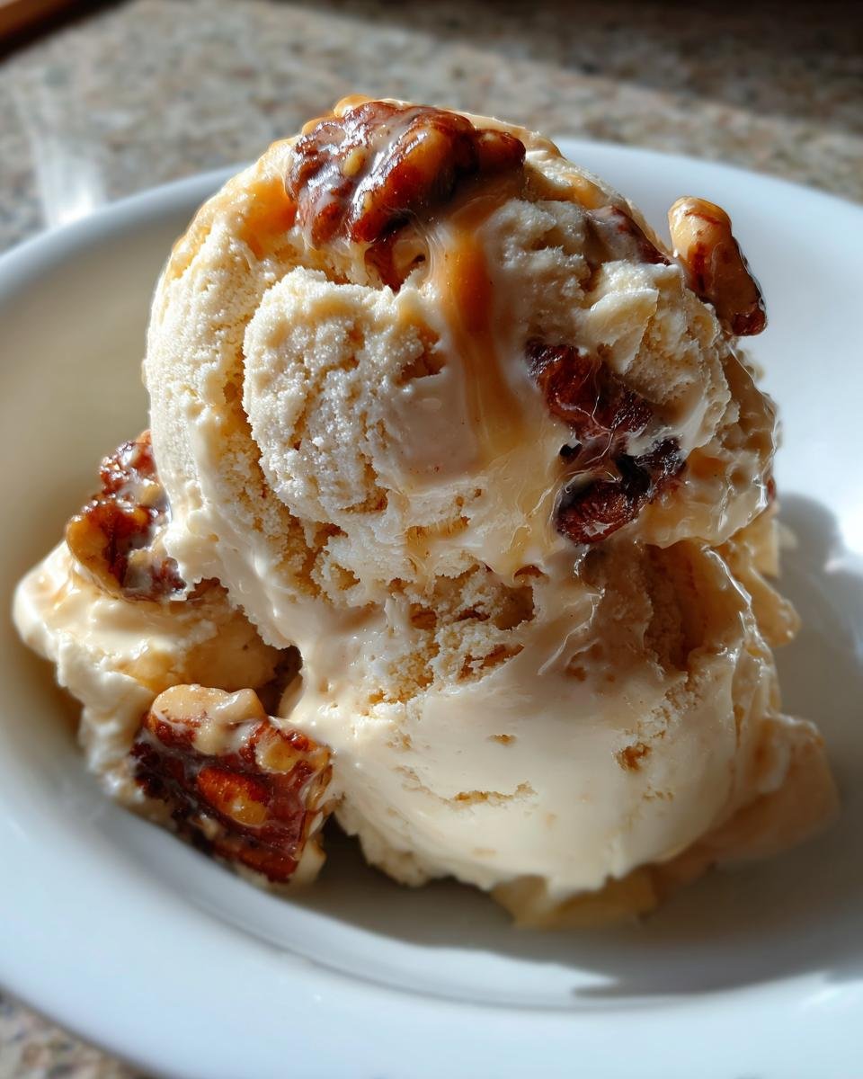 A close-up of a scoop of creamy No Churn Butter Pecan Ice Cream topped with glazed pecans and caramel drizzle.