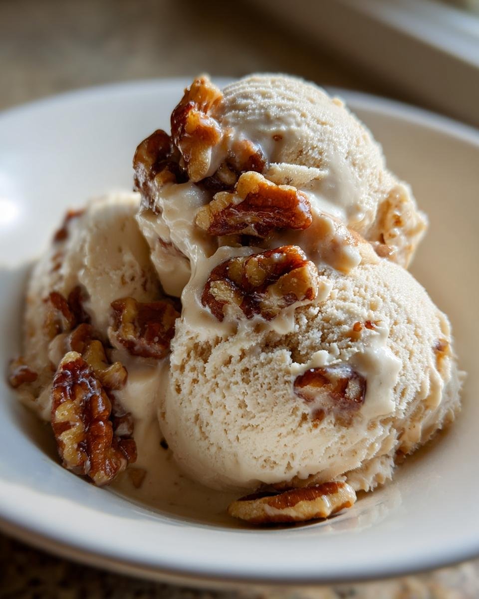 Three scoops of creamy No Churn Butter Pecan Ice Cream topped with candied pecans.
