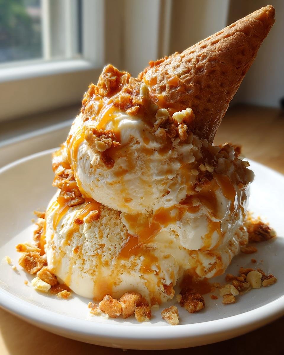 Two scoops of No Churn Caramel Cone Ice Cream drizzled with caramel and topped with crunchy cone pieces.