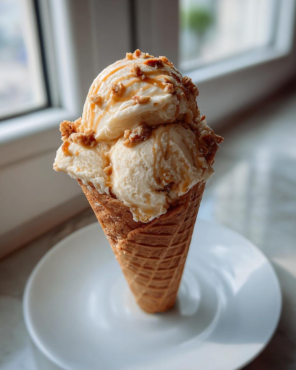 Two scoops of No Churn Caramel Cone Ice Cream drizzled with caramel and topped with crunchy bits in a waffle cone.