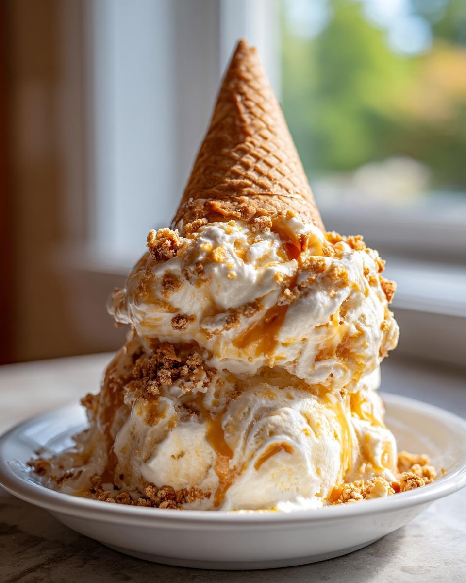 Two scoops of No Churn Caramel Cone Ice Cream drizzled with caramel and topped with crushed pieces, served in a white bowl with a cone.