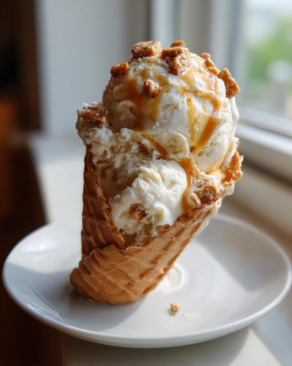 Two scoops of No Churn Caramel Cone Ice Cream drizzled with caramel and topped with crunchy pieces in a waffle cone.