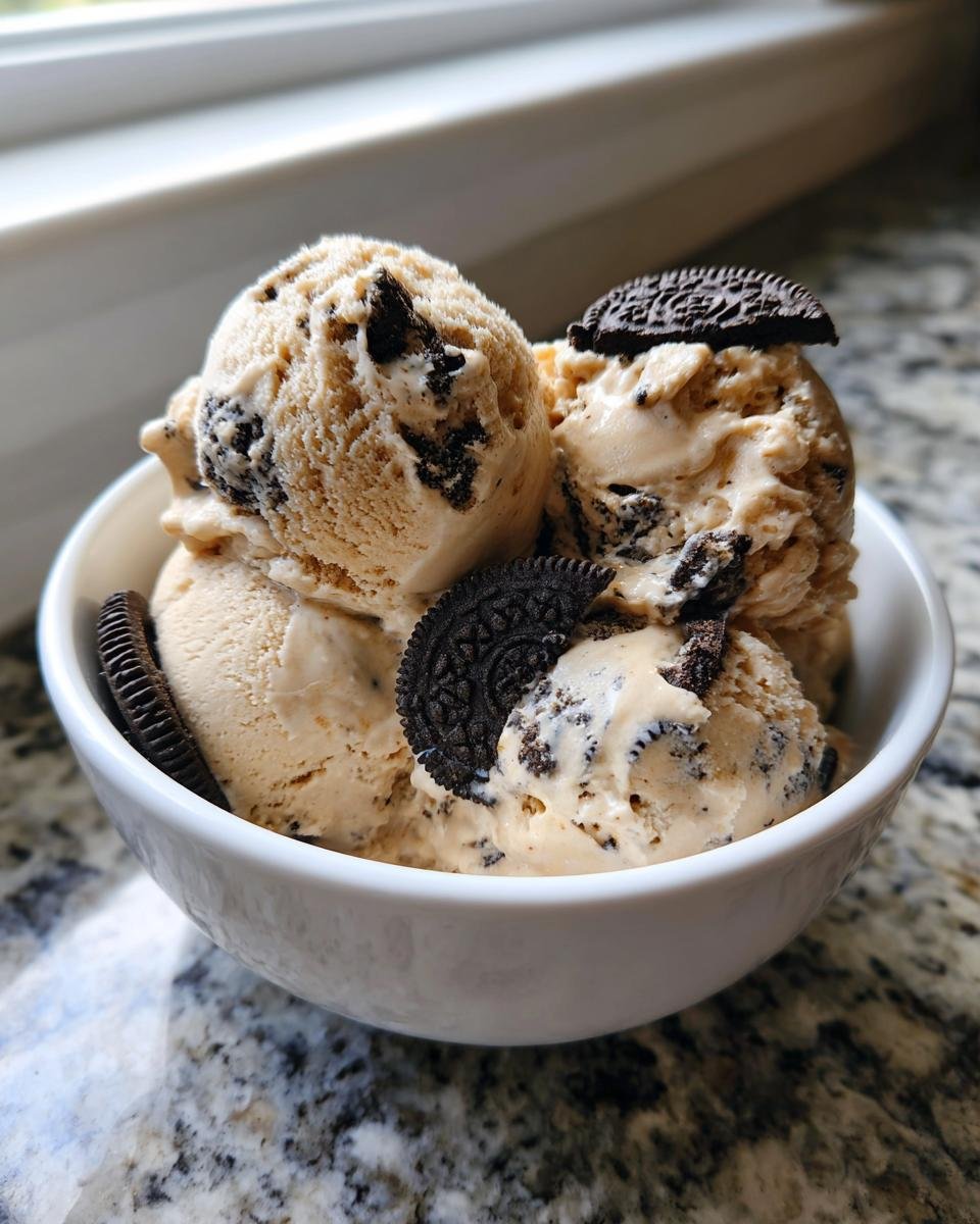 Three scoops of No Churn Peanut Butter Oreo Ice Cream topped with Oreo cookie pieces in a white bowl.