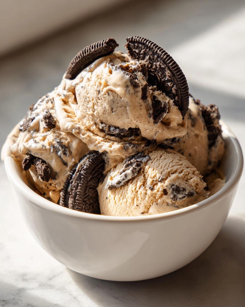 A white bowl filled with scoops of No Churn Peanut Butter Oreo Ice Cream topped with Oreo cookie pieces.