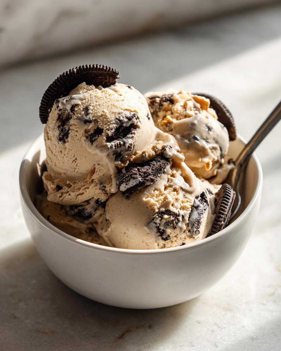 Three scoops of No Churn Peanut Butter Oreo Ice Cream loaded with crushed cookies in a white bowl.