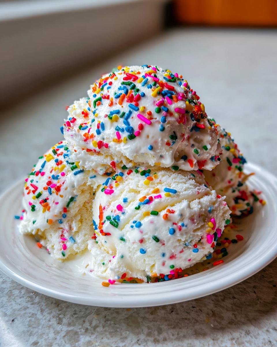 Three scoops of creamy No Churn Vanilla Ice Cream Rainbow Sprinkles piled high on a white plate.
