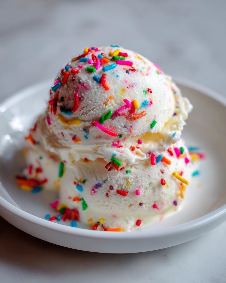 Two scoops of creamy No Churn Vanilla Ice Cream Rainbow Sprinkles in a white bowl.
