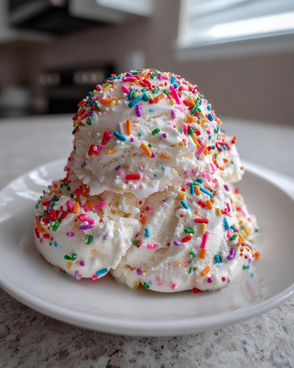 Three scoops of creamy No Churn Vanilla Ice Cream Rainbow Sprinkles piled high on a white plate.