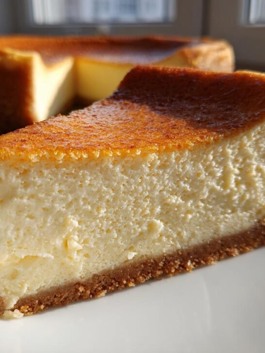 Close-up of a thick slice of Not So Classic New York Style Cheesecake with a golden-brown top and graham cracker crust.
