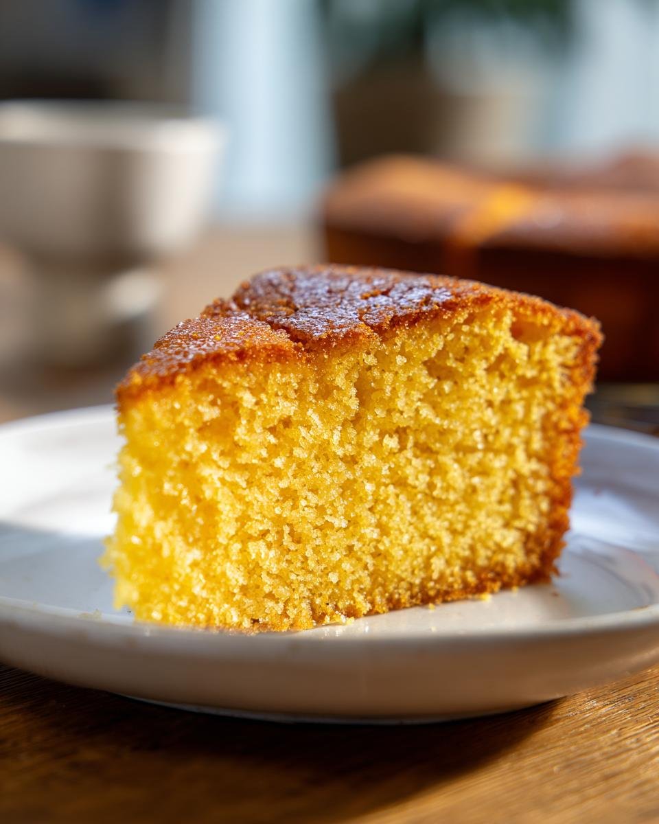 A close-up of a golden slice of Olive Oil Cake on a white plate, showing its tender crumb.