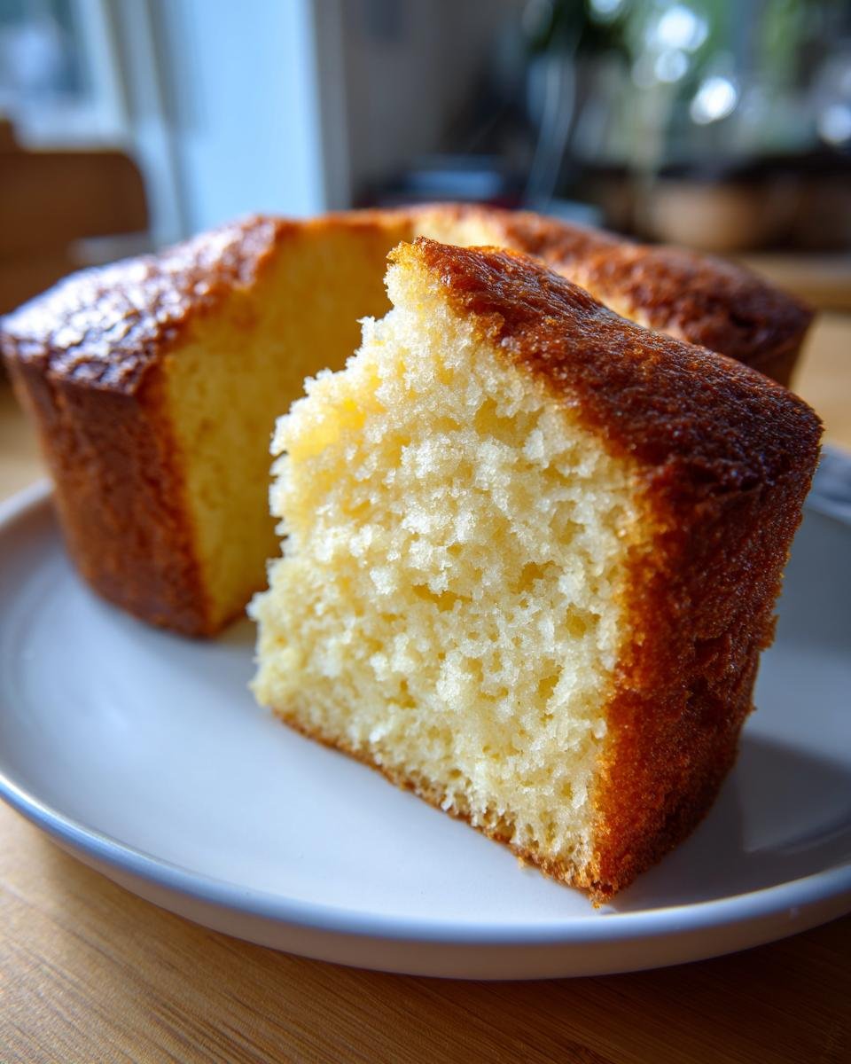 A close-up of a slice of moist Olive Oil Cake on a white plate, showing its tender crumb and golden-brown crust.