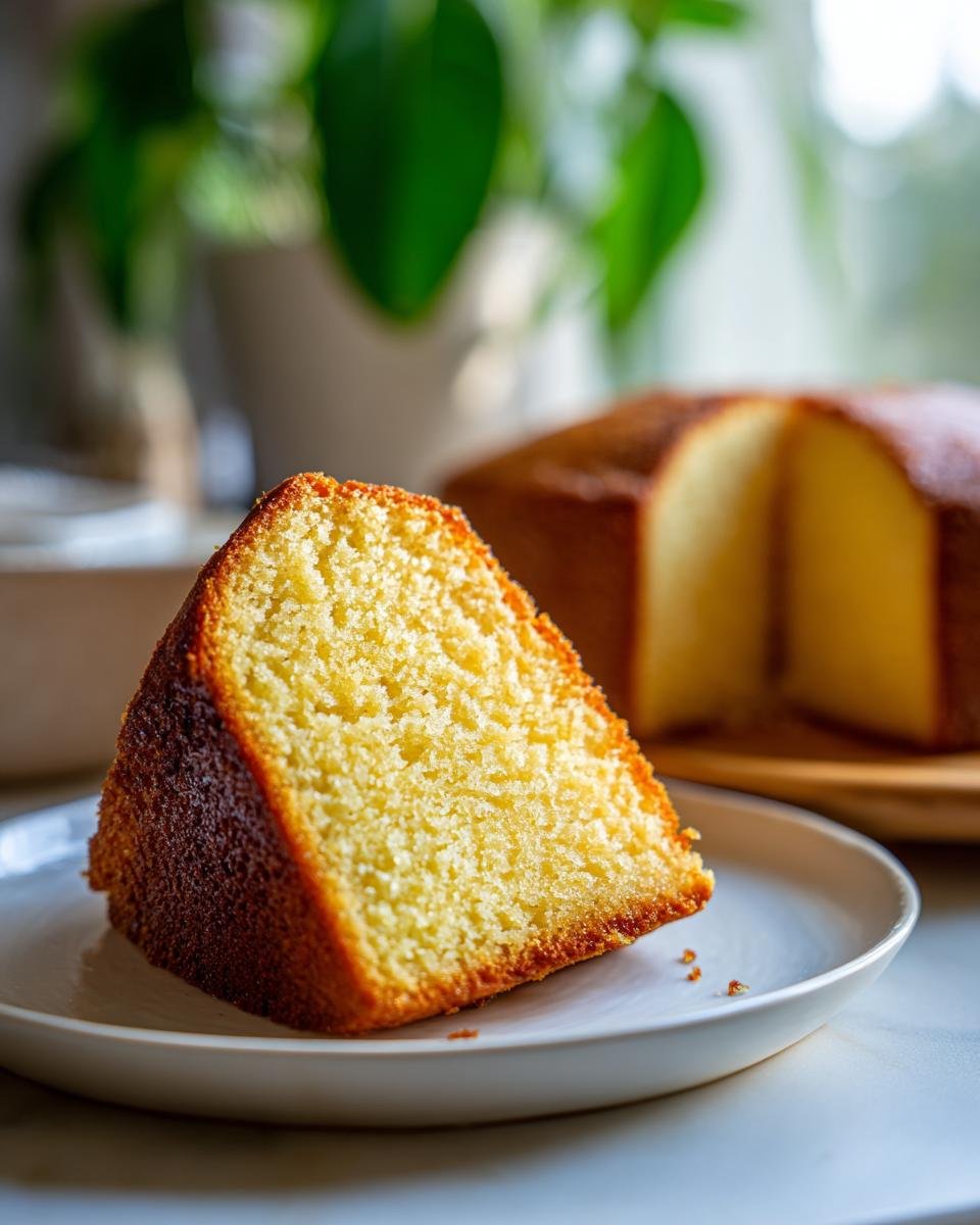 A slice of moist Olive Oil Cake on a white plate, with the rest of the cake in the background.
