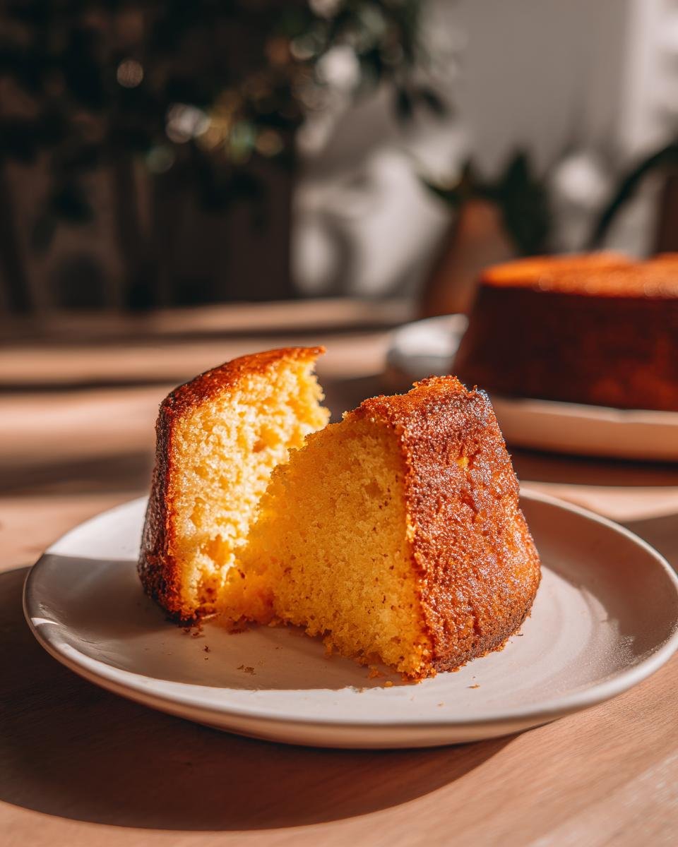 A close-up of a moist Olive Oil Cake slice on a plate, showcasing its golden crumb and slightly crisp crust.