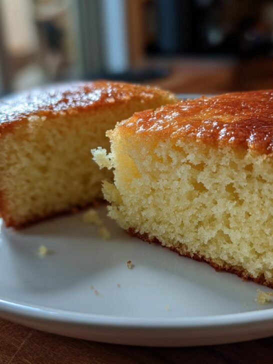 Two slices of moist Olive Oil Cake with a golden-brown crust, served on a white plate.