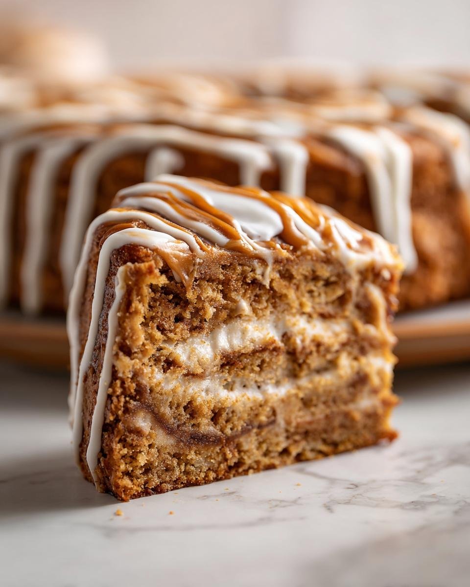 A delicious slice of One Layer Banana Biscoff Cake with white icing and caramel drizzle.