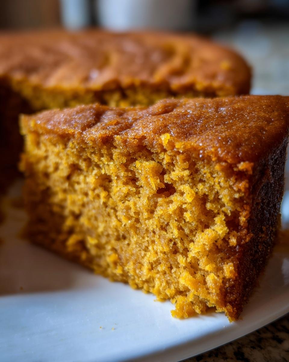 A close-up of a moist slice of One Layer Maple Sweet Potato Cake on a white plate.