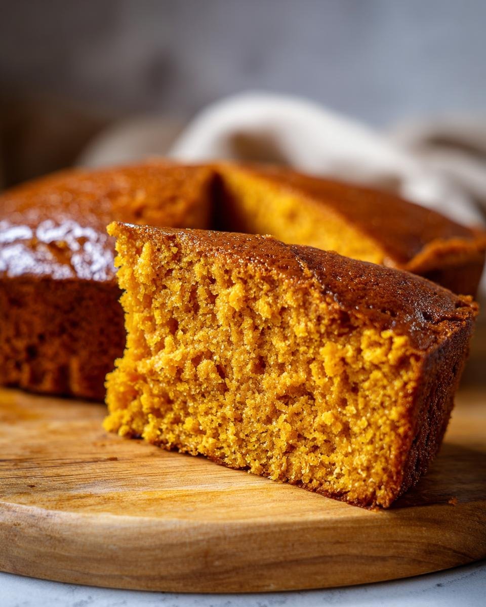 A close-up of a moist slice of One Layer Maple Sweet Potato Cake on a wooden board.