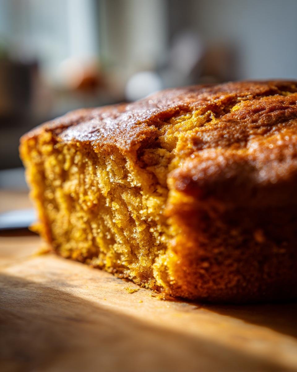 Close-up of a slice of moist One Layer Maple Sweet Potato Cake, showing its golden crumb and texture.