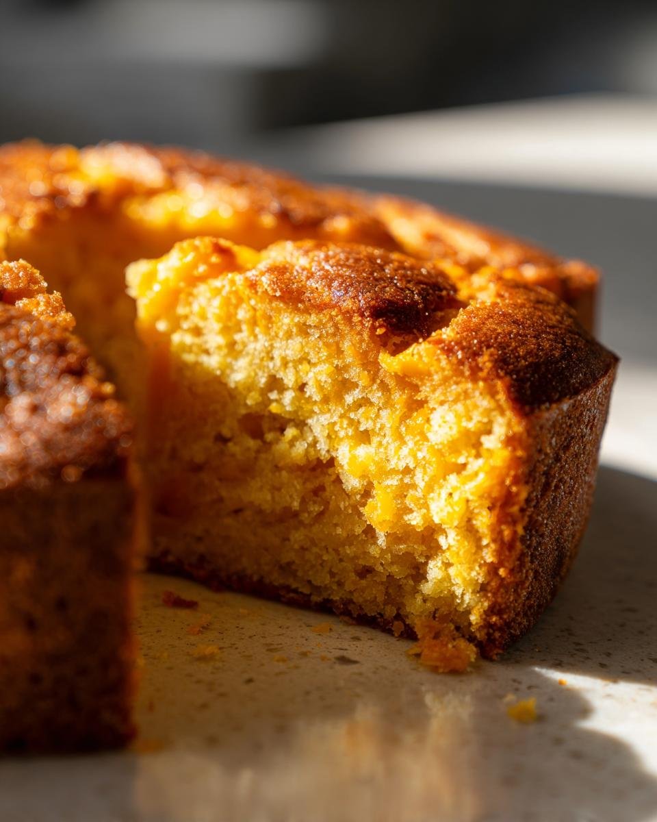 A close-up of a slice of One Layer Maple Sweet Potato Cake, showing its moist and fluffy texture.