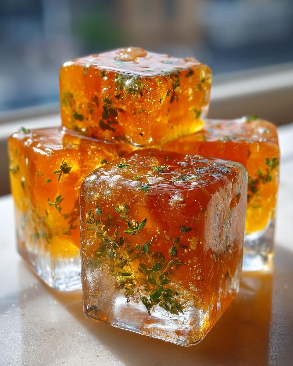 Four glistening Orange Thyme Ice Cubes stacked, showing bright orange liquid and green thyme sprigs frozen inside.