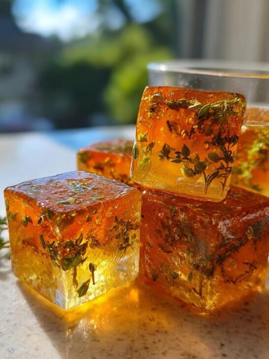 Three glowing Orange Thyme Ice Cubes stacked, infused with green thyme sprigs, next to a glass of liquid.