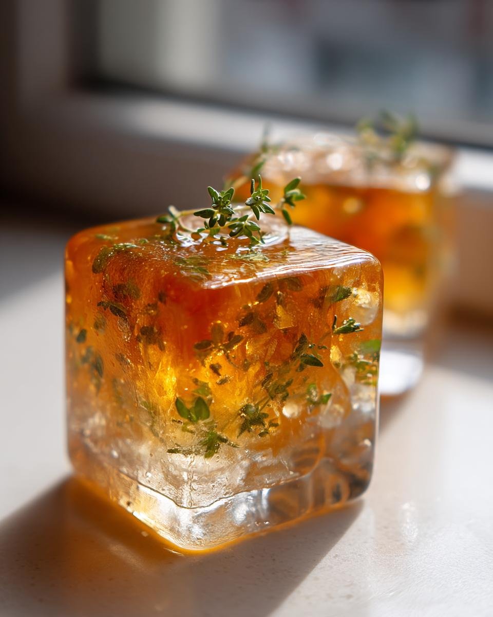 A close-up of a square Orange Thyme Ice Cube, featuring orange liquid and fresh thyme leaves frozen inside, topped with a thyme sprig.