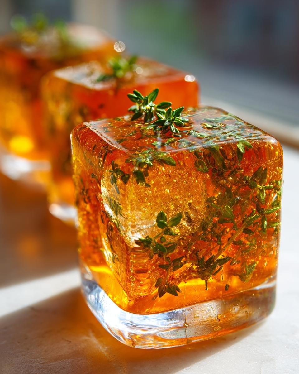 Close-up of a square Orange Thyme Ice Cube, amber-colored and filled with fresh thyme sprigs.