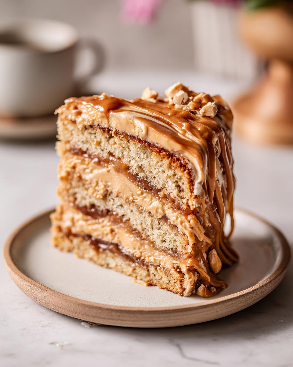 A decadent slice of Peanut Butter Jelly Cake, featuring multiple layers of cake and frosting, drizzled with caramel and topped with chopped peanuts.