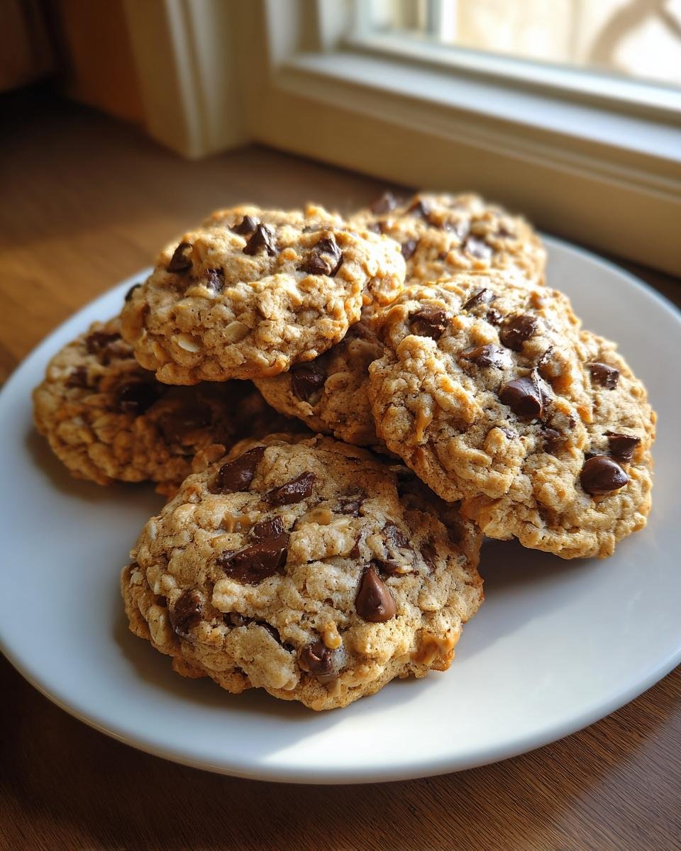 A stack of freshly baked Peanut Butter Oatmeal Chocolate Chip Cookies piled high on a white plate.