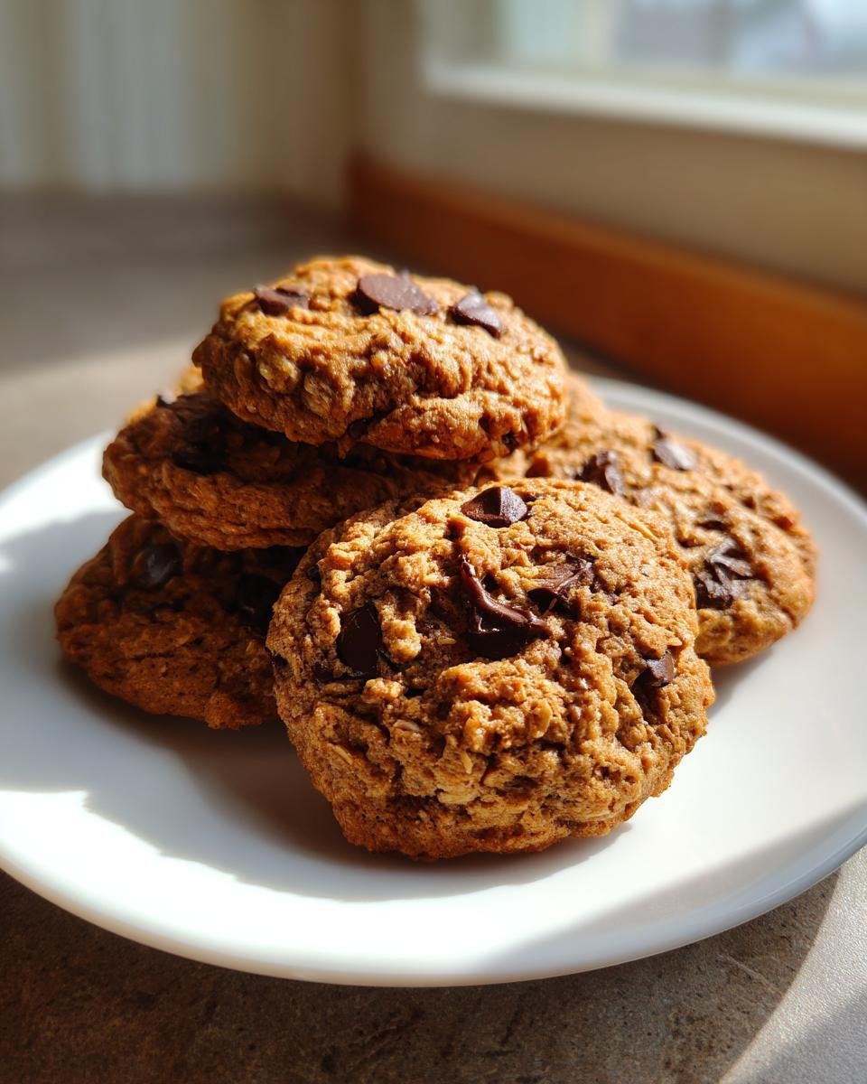 A stack of freshly baked Peanut Butter Oatmeal Chocolate Chip Cookies on a white plate, illuminated by sunlight.