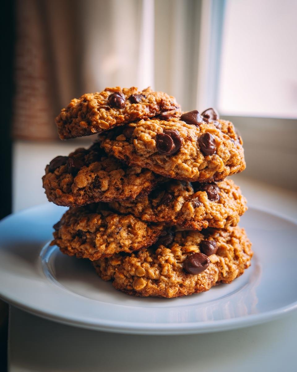 A stack of four chewy Peanut Butter Oatmeal Chocolate Chip Cookies piled on a white plate near a window.