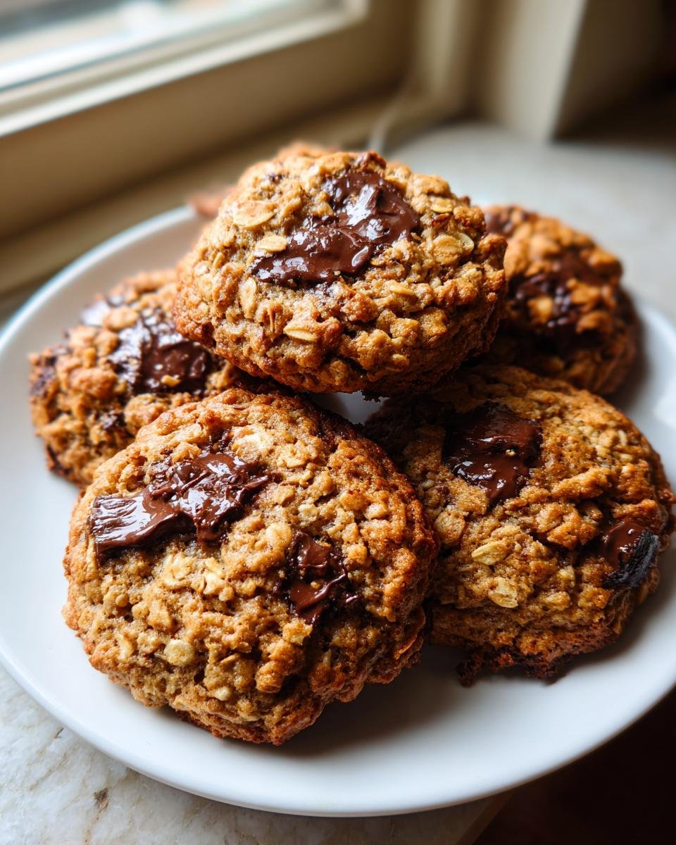 A stack of freshly baked Peanut Butter Oatmeal Chocolate Chip Cookies with gooey, melted chocolate chunks on top.