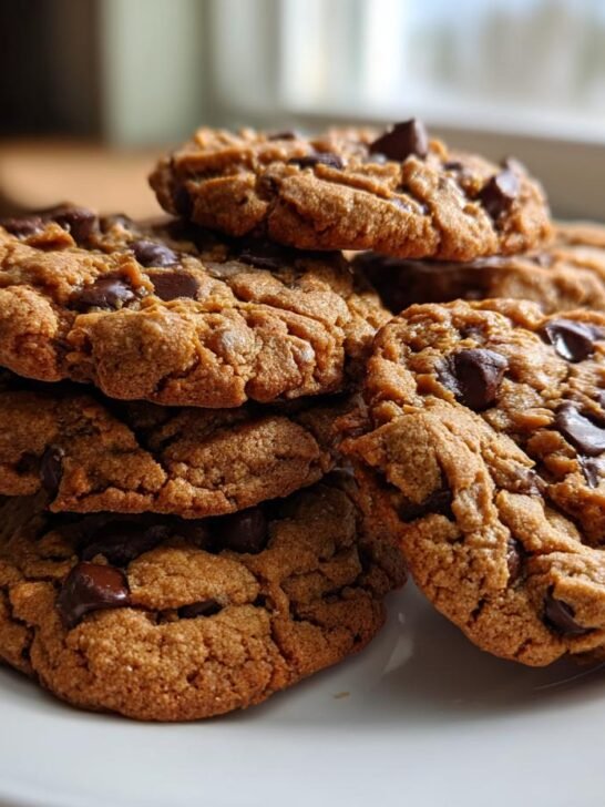 A close-up stack of freshly baked Peanut Butter Oatmeal Chocolate Chip Cookies piled on a white plate.