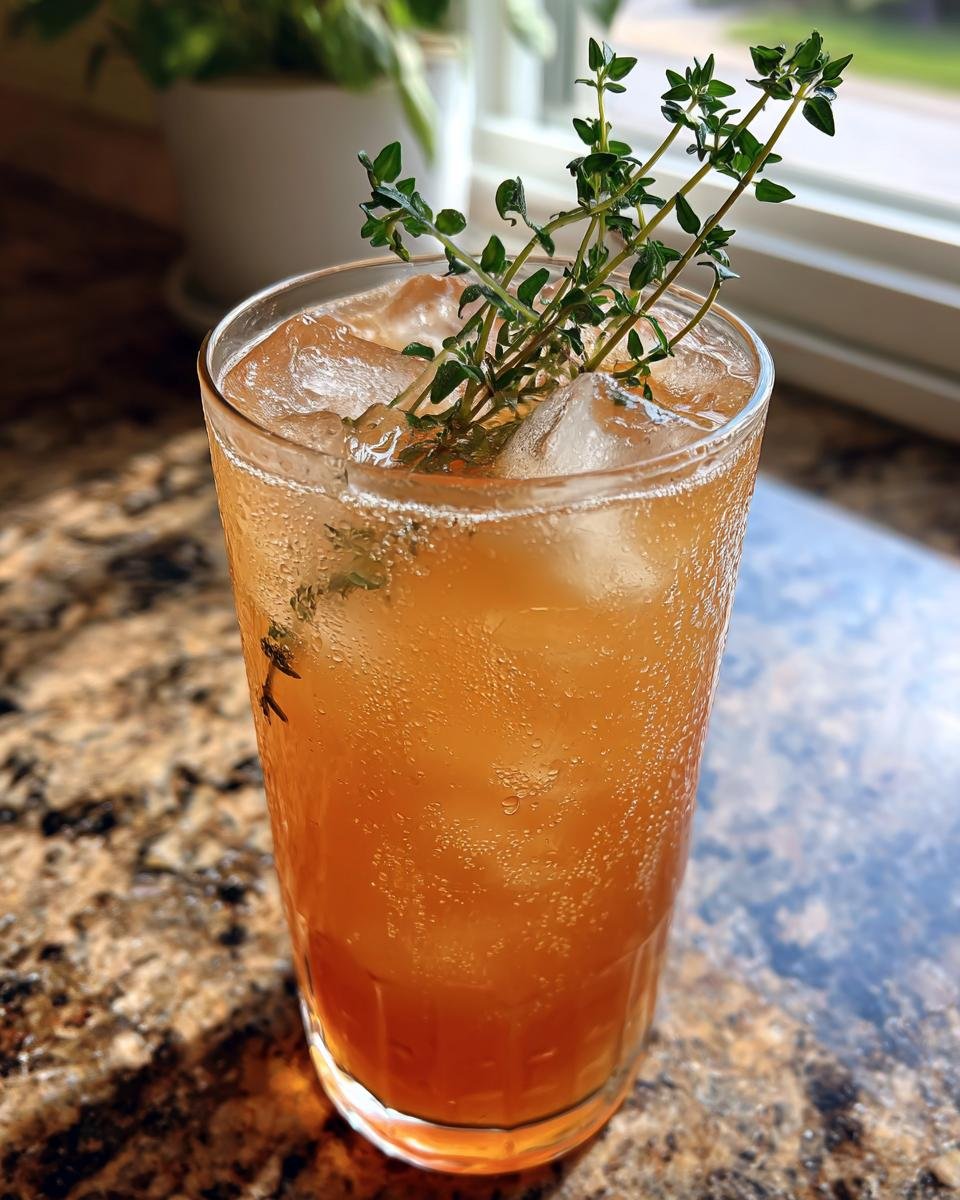 A tall glass filled with an iced, amber-colored Pear Ginger Lemon Thyme Drink, garnished with fresh thyme sprigs.
