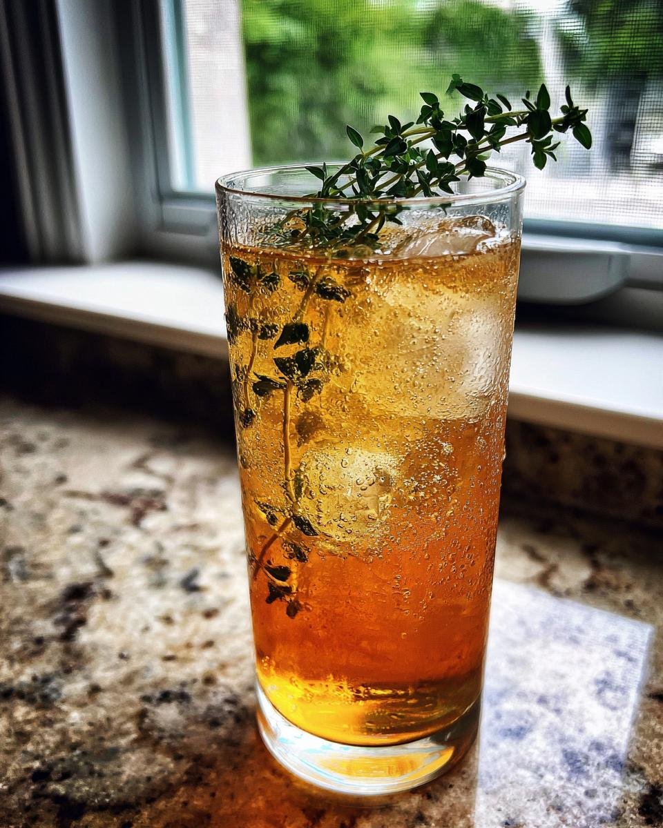 A tall glass filled with an amber Pear Ginger Lemon Thyme Drink, ice, and garnished with fresh thyme sprigs.