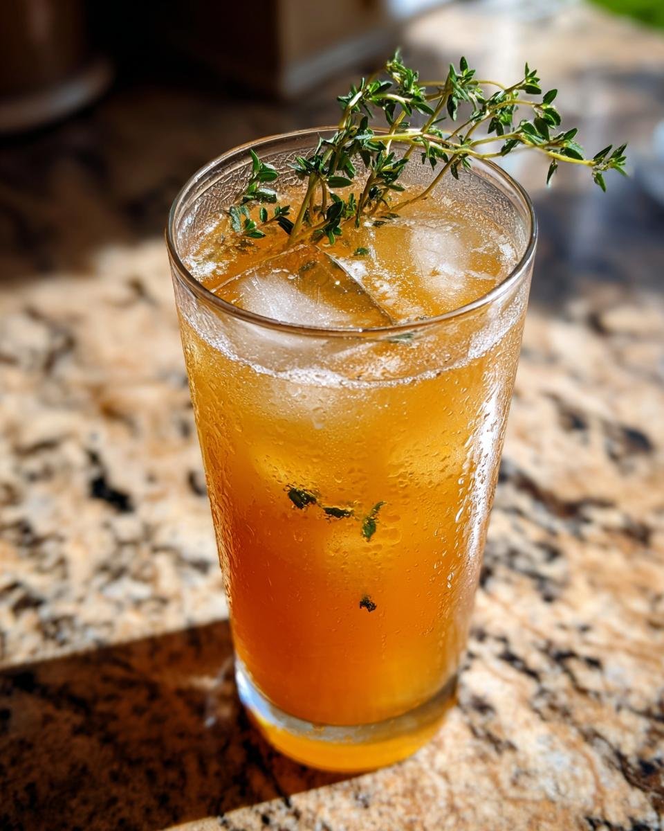 A tall glass filled with a chilled Pear Ginger Lemon Thyme Drink, ice cubes, and garnished with fresh thyme sprigs.