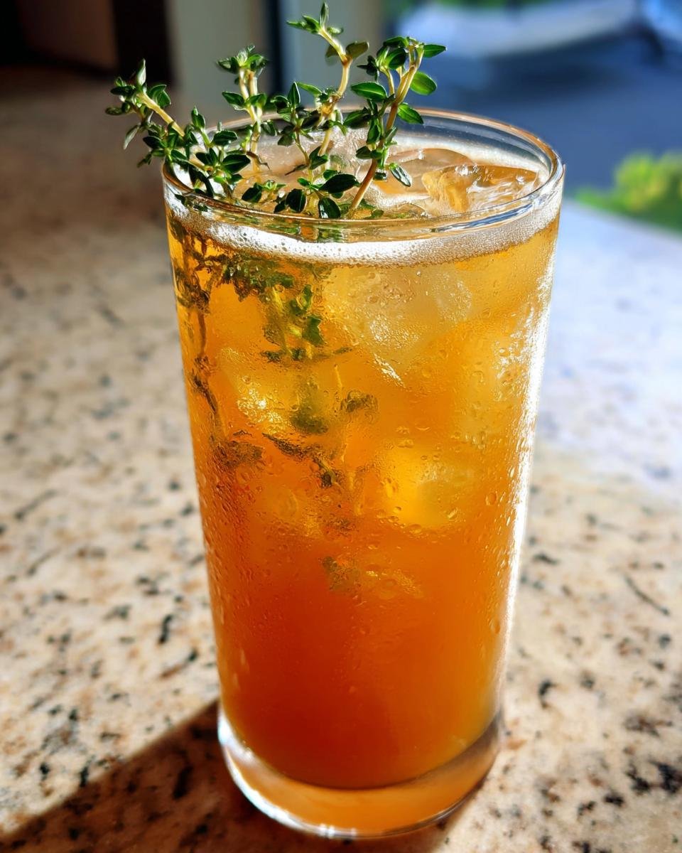 Tall glass filled with an iced Pear Ginger Lemon Thyme Drink, garnished with fresh thyme sprigs.