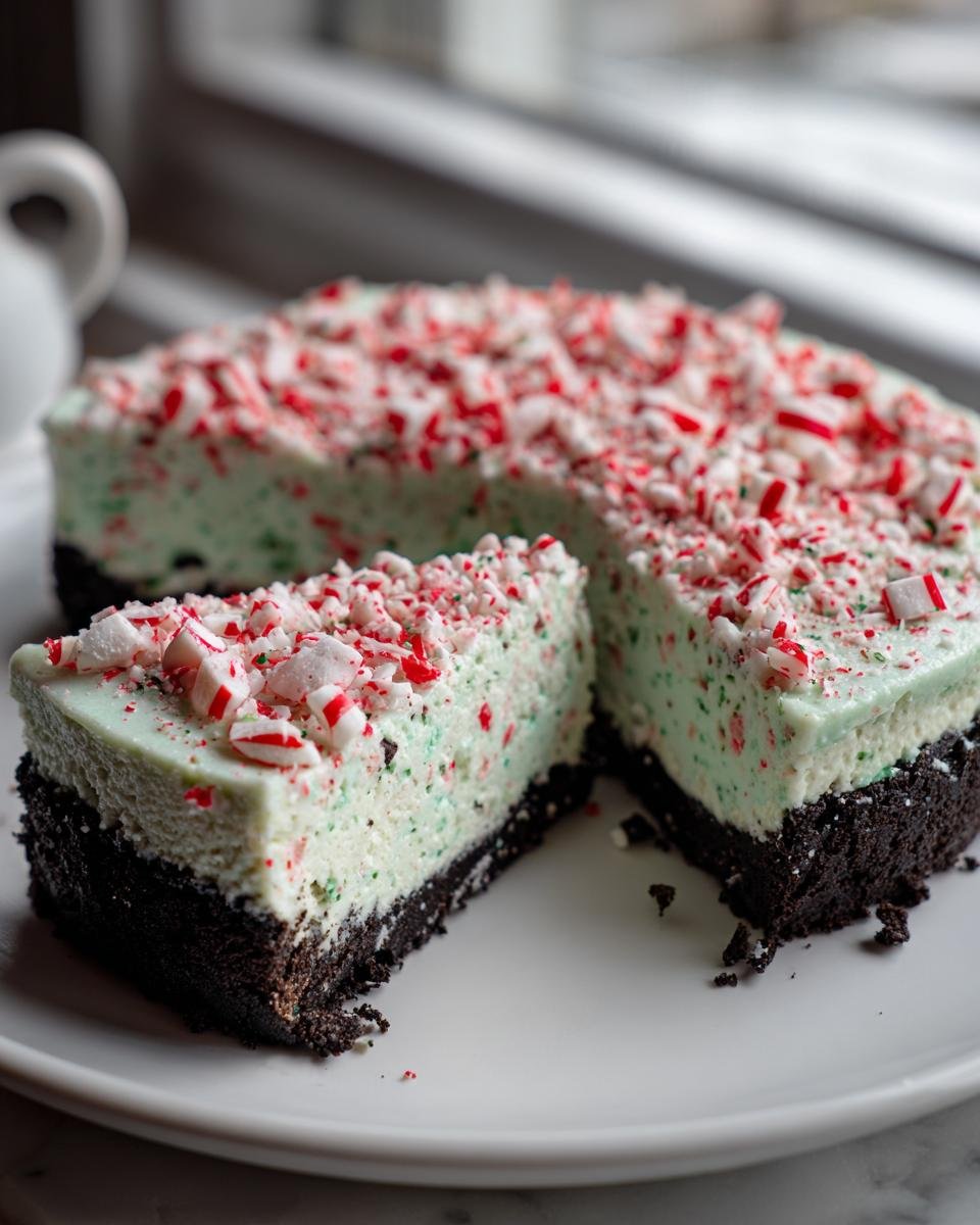 A slice of light green Peppermint Oreo Cheesecake topped with crushed candy canes sits next to the main cake.
