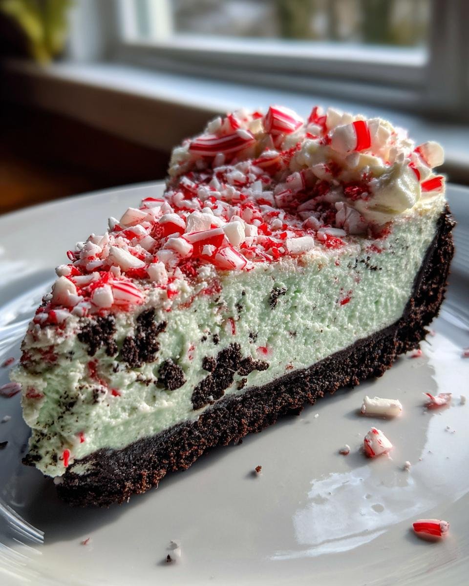 A generous slice of light green Peppermint Oreo Cheesecake with a dark crust, topped with whipped cream and crushed candy canes.