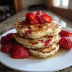 A stack of Perfect Whole Wheat Strawberry Pancakes topped with fresh strawberries and syrup.